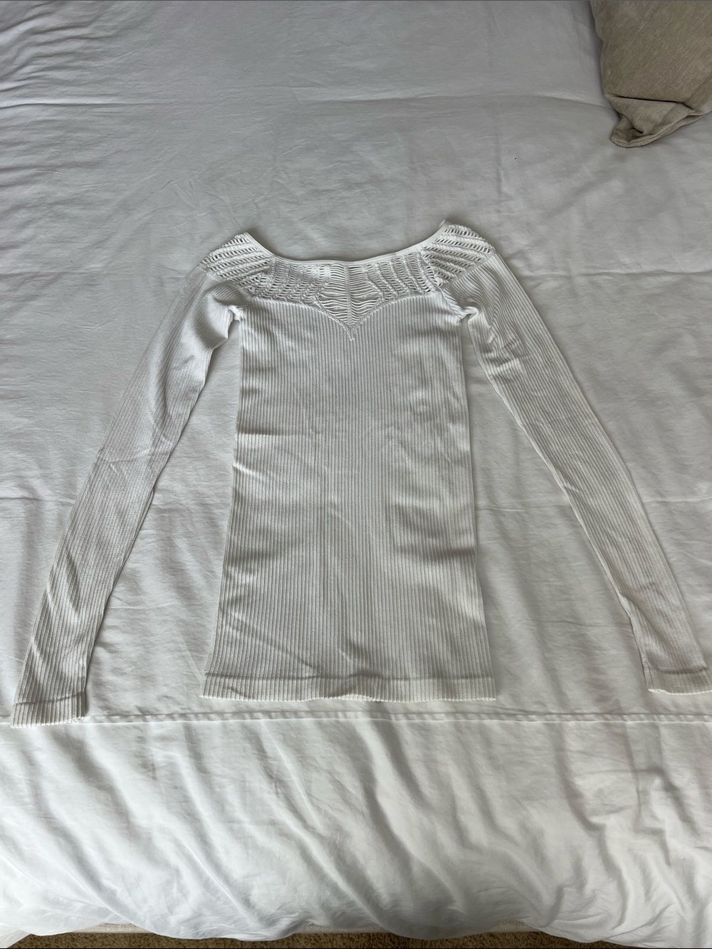 Free People White Ribbed/Mesh Detailing Long Sleeve Knit Top